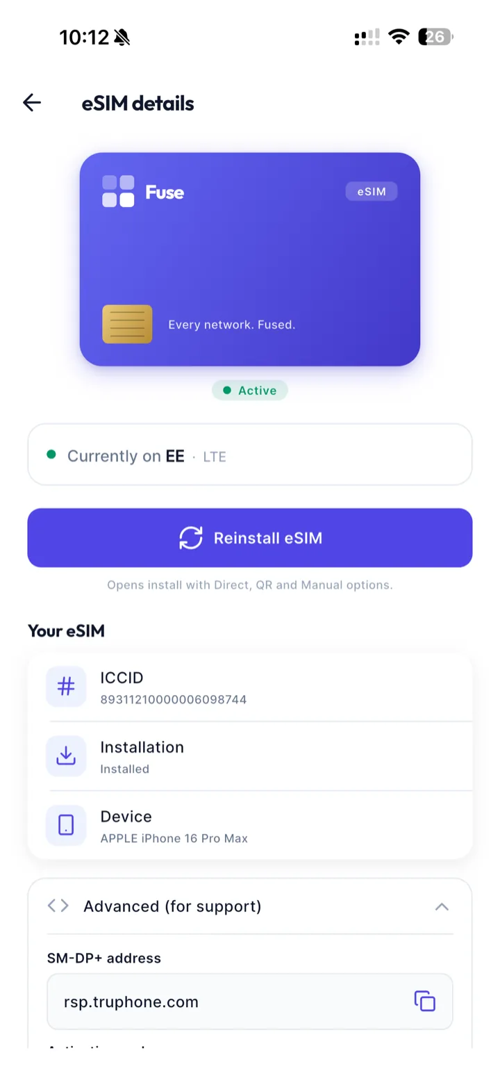 Fuse app — eSIM install screen with one-tap direct install