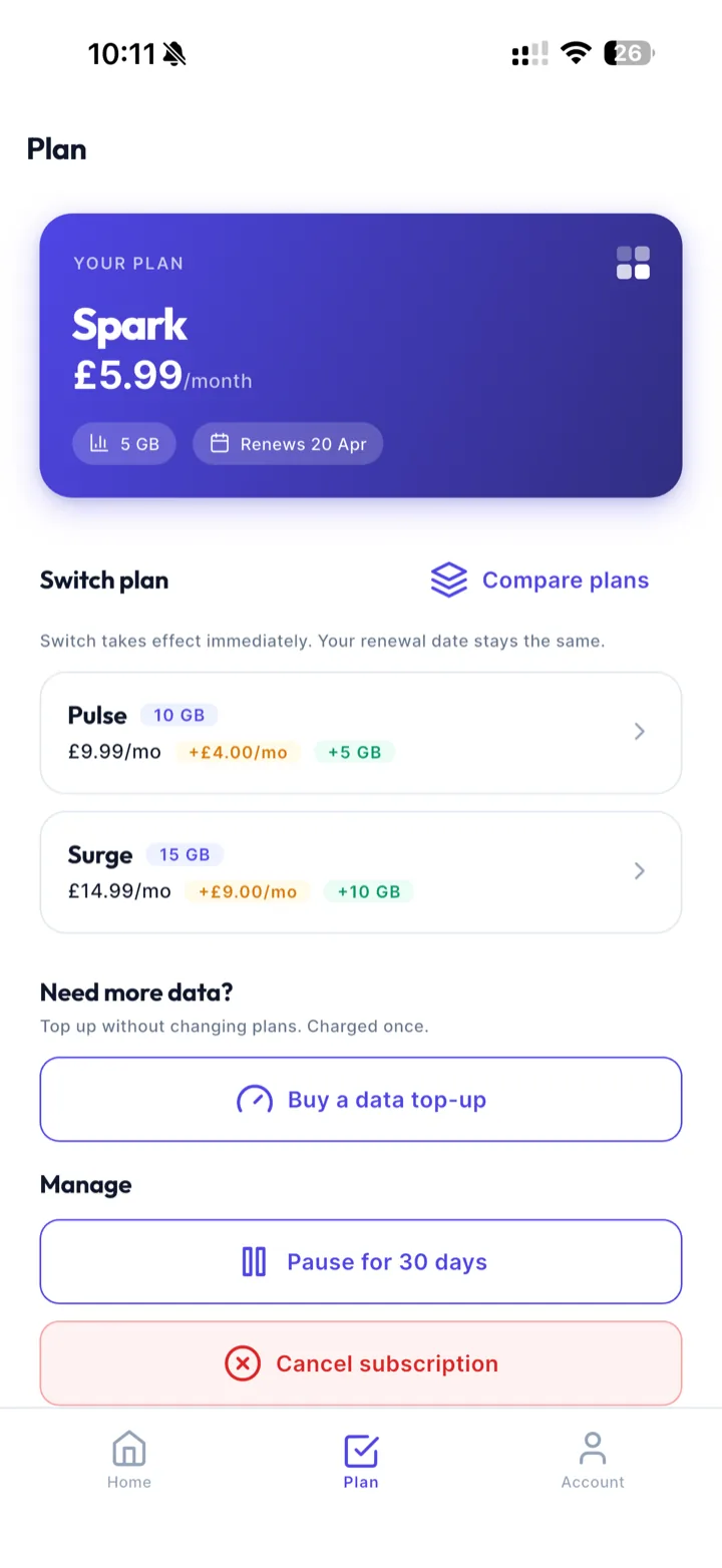 Fuse app — plan screen showing Spark, Pulse, and Surge options